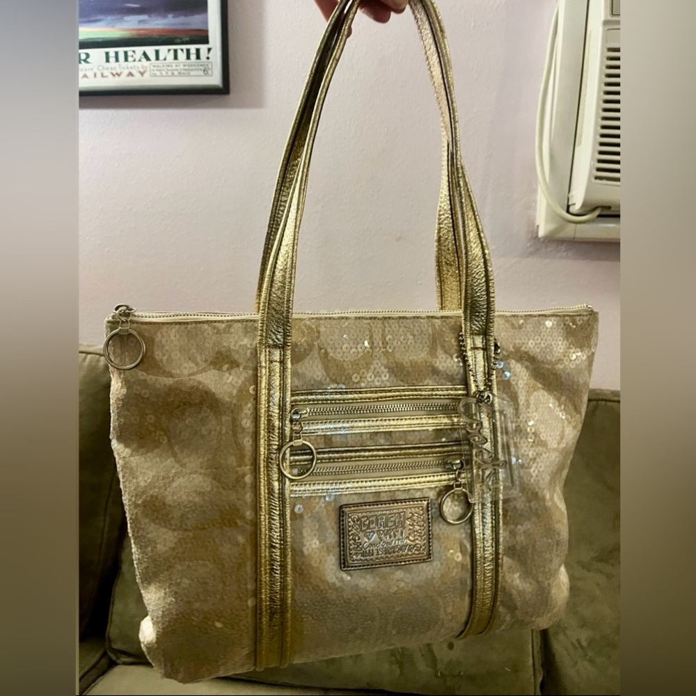 ✨COACH VTG POPPY Special Edition Signature Sequin Tote Bag Gold Cream RARE✨ - Picture 8 of 16